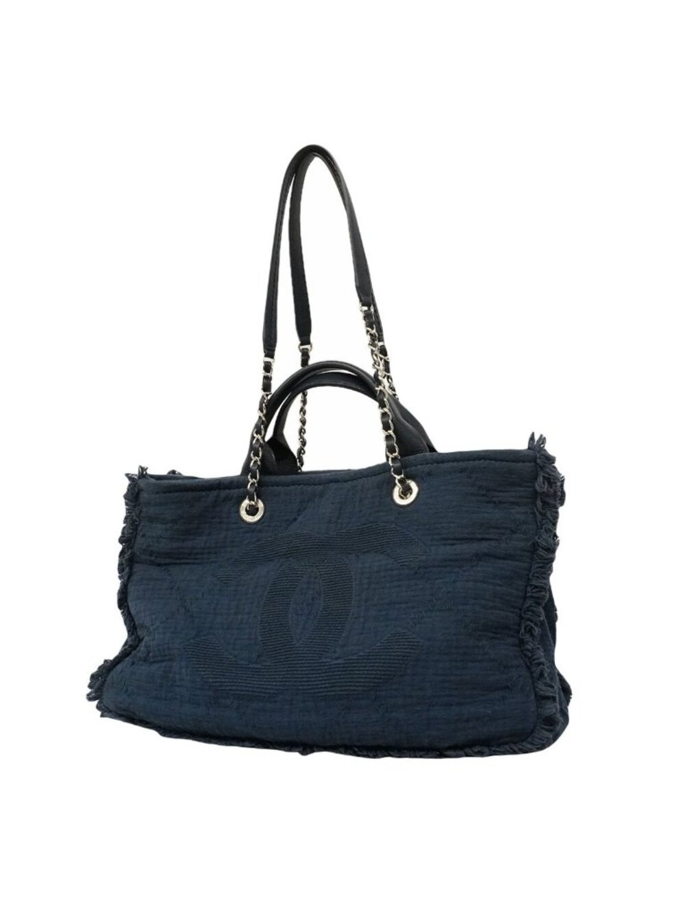 Chanel Chain Tote Bag Deauville Cotton Navy Silver 2-Way
